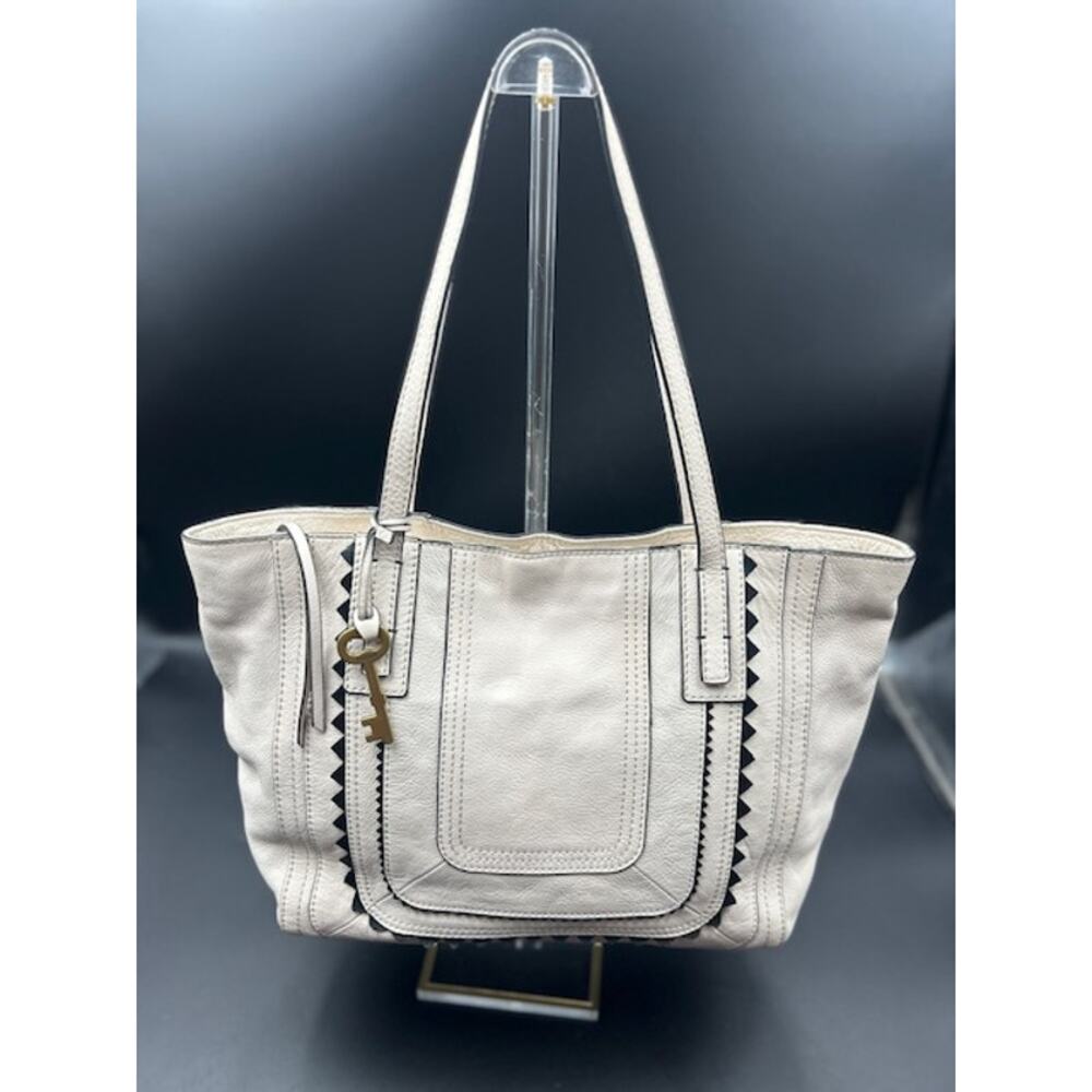 Fossil Carlie Ivory Black Leather Rick Rack Tote Shopper Shoulder Bag Boho Purse